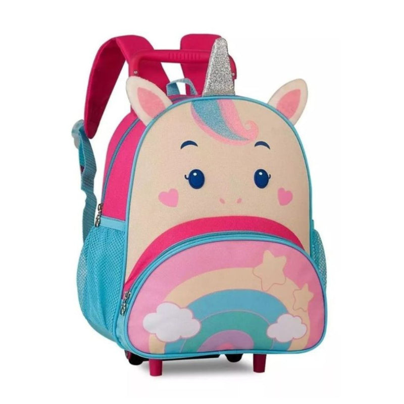 Mochila de Carrinho Mala Bolsa Unicórnio Rosa Roxo Lancheira Térmica Duas Alças Lanchinho Escolar Infantil Feminino Clio