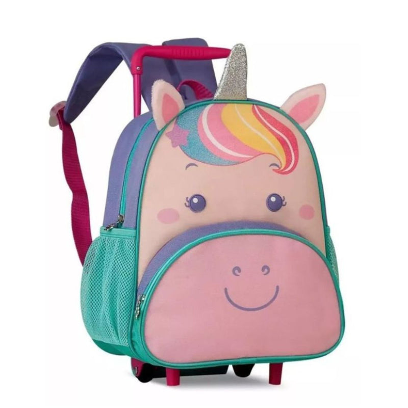 Mochila de Carrinho Mala Bolsa Unicórnio Rosa Roxo Lancheira Térmica Duas Alças Lanchinho Escolar Infantil Feminino Clio