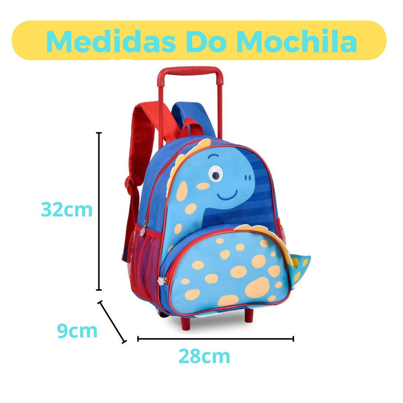 Mochila de Carrinho Mala Bolsa Dinossauro Verde Azul Infantil Masculino Clio