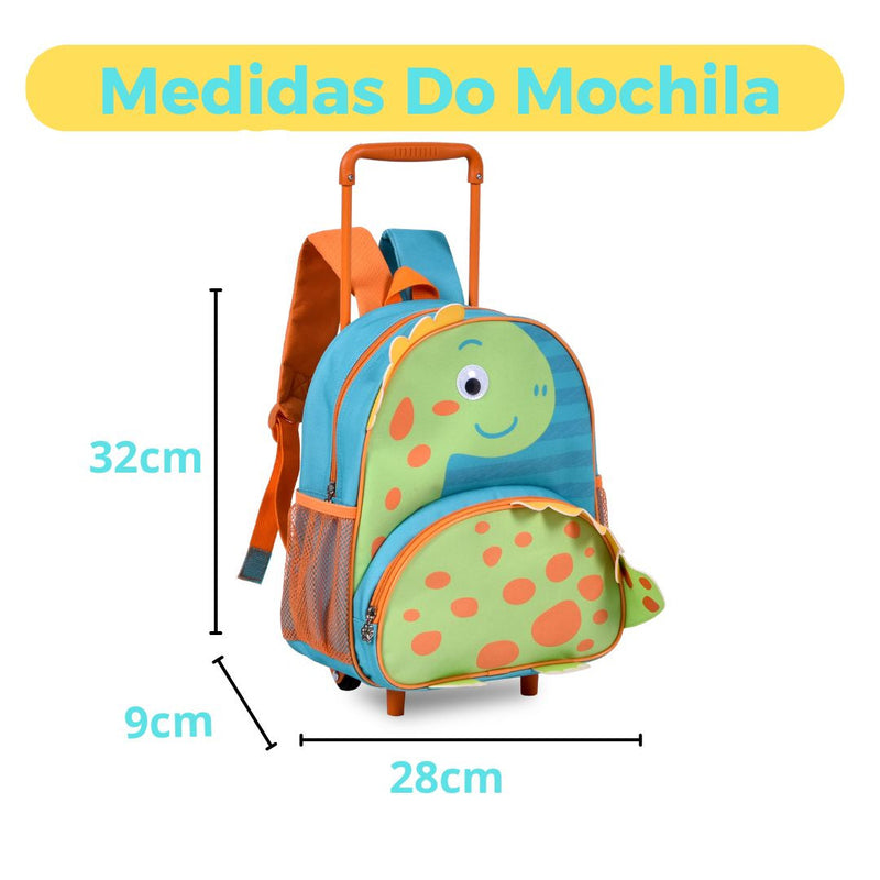 Mochila de Carrinho Mala Bolsa Dinossauro Verde Azul Infantil Masculino Clio