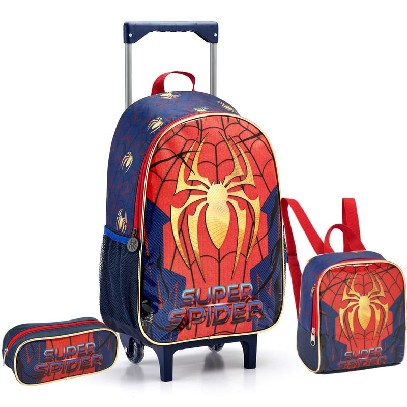 Kit Mochila de Carrinho Super Spider Aranha Dourada Infantil Lancheira Térmica Estojo Escolar Masculino Seanite