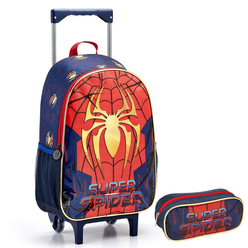 Kit Mochila de Carrinho Super Spider Aranha Dourada Infantil Estojo Simples Escolar Masculino Seanite