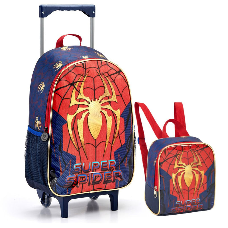 Kit Mochila de Carrinho Super Spider Aranha Dourada Infantil Lancheira Térmica Escolar Masculino Seanite