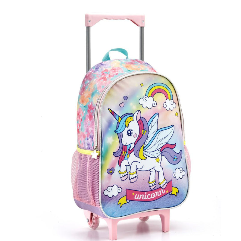 Kit Mochila de Carrinho Unicórnio com Asas Infantil Lancheira Térmica Estojo Simples Escolar Feminino Rainbow Seanite