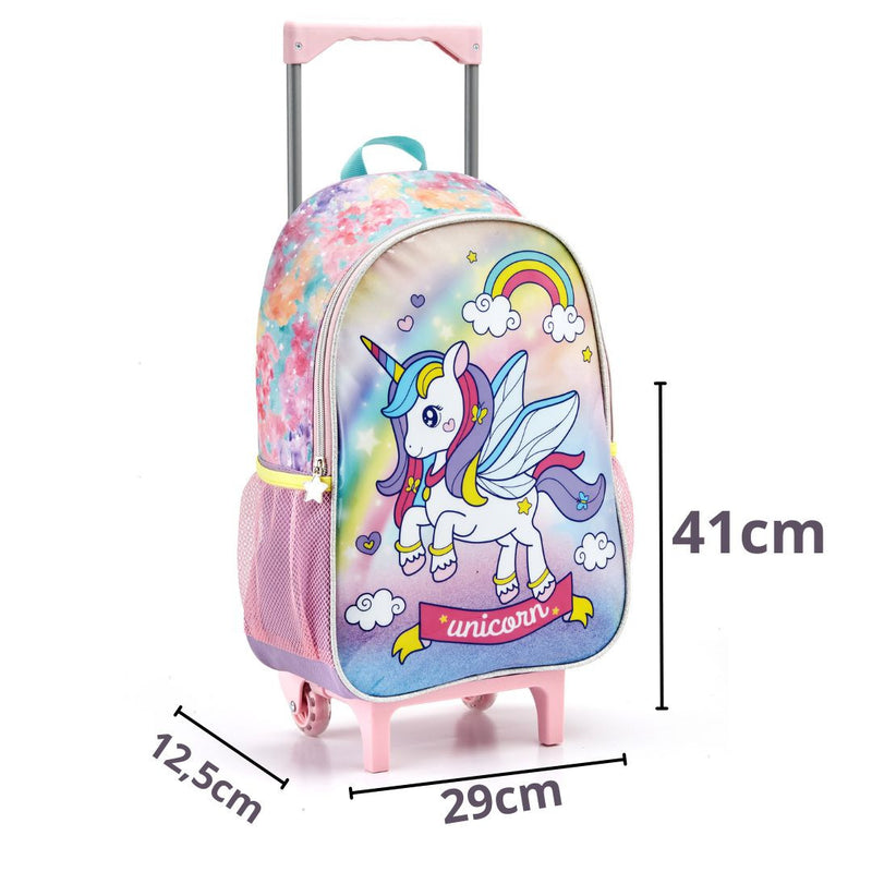 Kit Mochila de Carrinho Unicórnio com Asas Infantil Lancheira Térmica Estojo Simples Escolar Feminino Rainbow Seanite