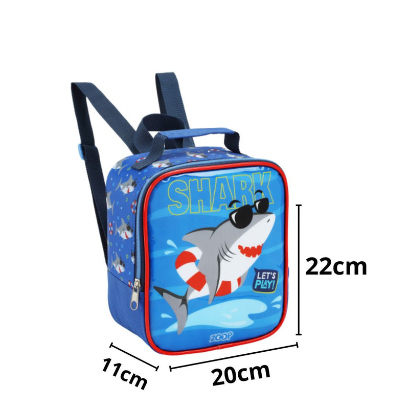 Kit Mochila de Carrinho Mala Bolsa Infantil Lancheira Térmica Lanchinho Estojo Dois Compartimentos Tubarão Azul Seanite