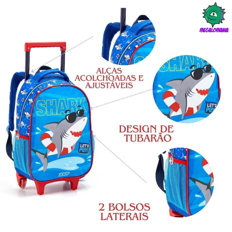 Kit Mochila de Carrinho Mala Bolsa Infantil Lancheira Térmica Lanchinho Estojo Dois Compartimentos Tubarão Azul Seanite