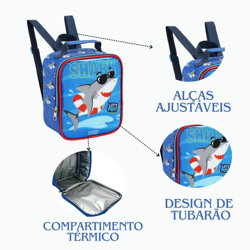 Kit Mochila de Carrinho Mala Bolsa Infantil Lancheira Térmica Lanchinho Estojo Dois Compartimentos Tubarão Azul Seanite