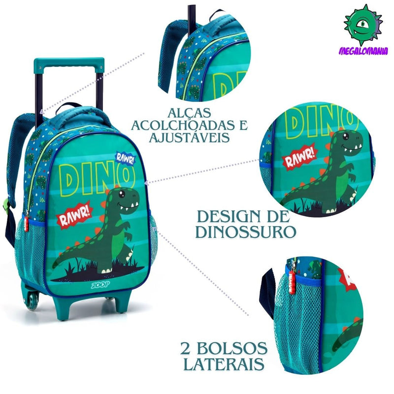 Kit Mochila De Carrinho Infantil Dinossauro Verde Lancheira Térmica Estojo Dois Compartimentos Crianças Masculino Seanite