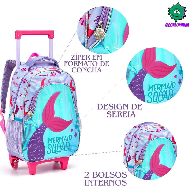 Kit Mochila de Carrinho Mala Bolsa Infantil Sereia Estojo com Dois Compartimentos Feminino Meninas Seanite