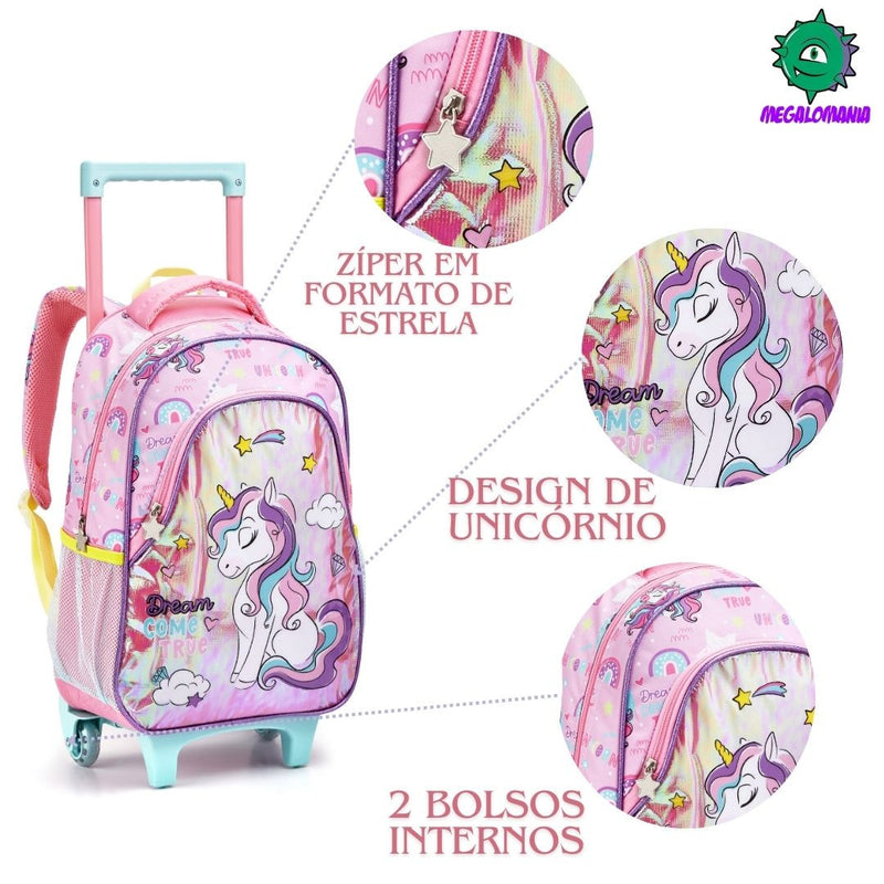 Kit Mochila de Carrinho Infantil Unicórnio Bolsa Estojo Simples Rosa Rainbow Escolar Feminino Seanite