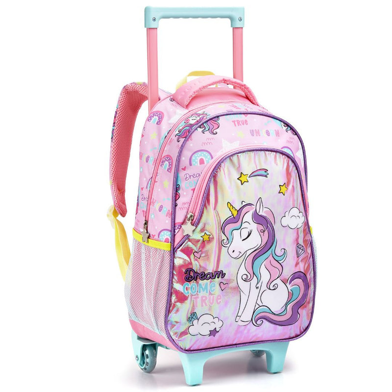 Kit Mochila de Carrinho Mala Bolsa Infantil Unicórnio Lancheira Térmica Estojo com Dois Compartimentos Feminino Seanite