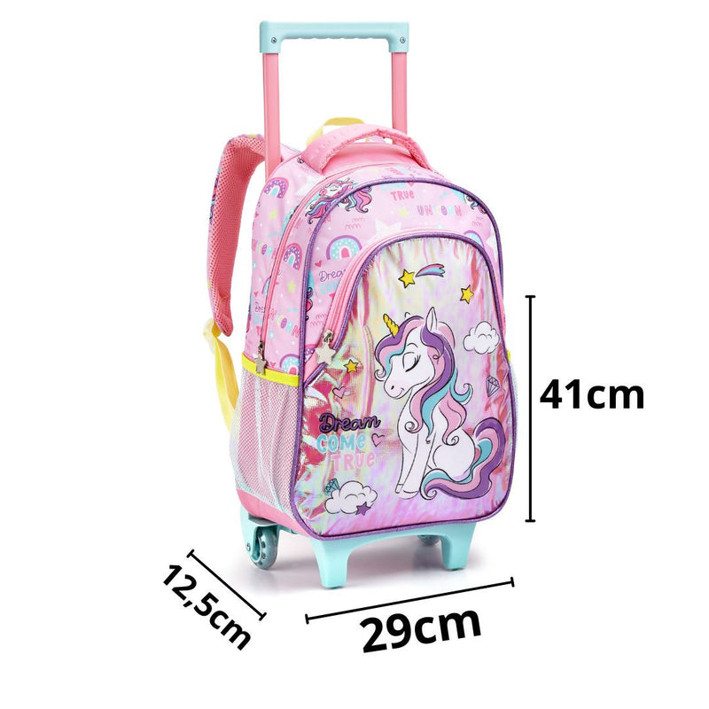 Kit Mochila de Carrinho Mala Bolsa Infantil Unicórnio Lancheira Térmica Feminino Meninas Seanite