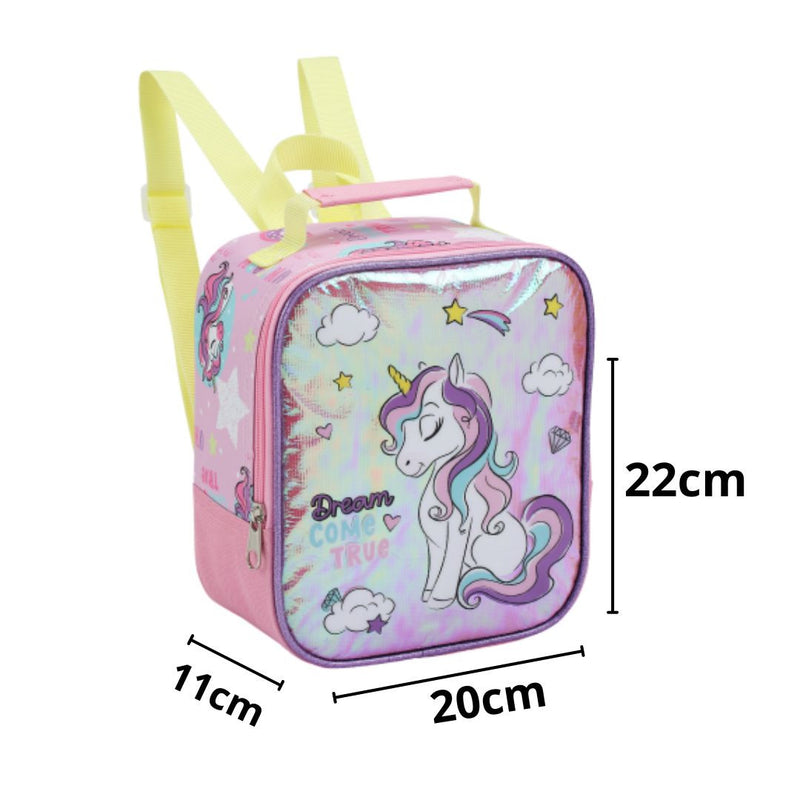 Kit Mochila de Carrinho Mala Bolsa Infantil Unicórnio Lancheira Térmica Estojo com Dois Compartimentos Feminino Seanite