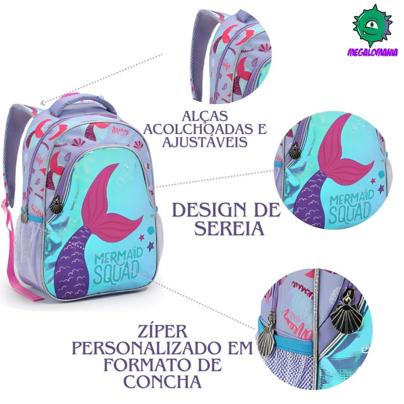 Mochila de Costas Infantil Unicórnio Sereia Lilás Rosa Mala Bolsa Escolar Feminino Meninas Seanite