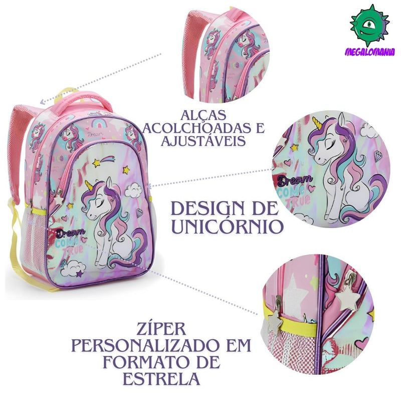 Mochila de Costas Infantil Unicórnio Sereia Lilás Rosa Mala Bolsa Escolar Feminino Meninas Seanite