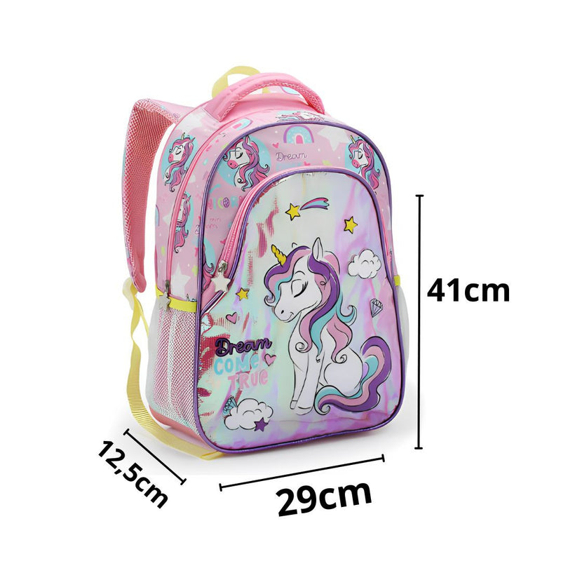 Mochila de Costas Infantil Unicórnio Sereia Lilás Rosa Mala Bolsa Escolar Feminino Meninas Seanite