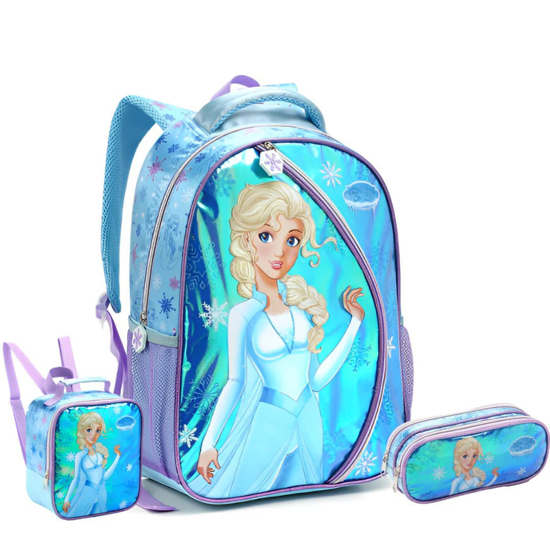 Kit Mochila de Costas Infantil Princesa do Gelo Frozen Mala Bolsa Lancheira Térmica Estojo com Dois Compartimentos Escolar Seanite