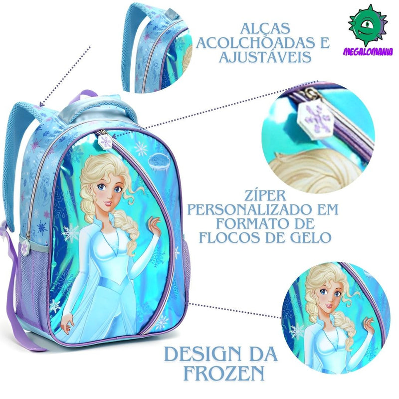 Kit Mochila de Costas Infantil Princesa do Gelo Frozen Mala Bolsa Estojo com Dois Compartimentos Escolar Seanite