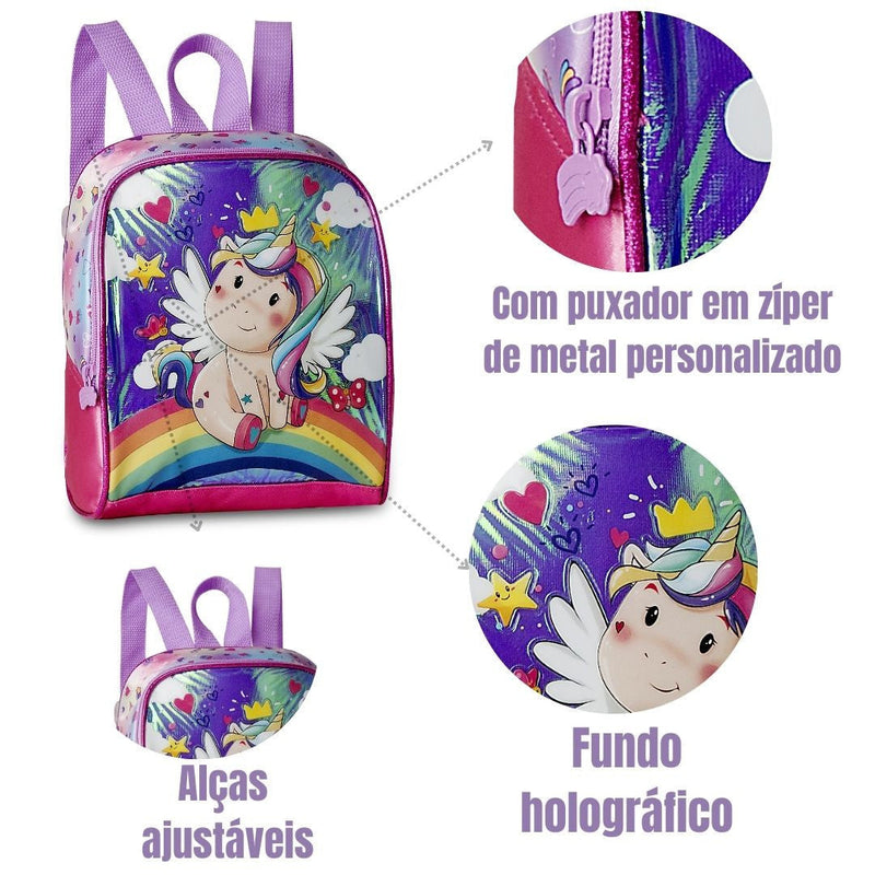 Kit Mochila de Carrinho Unicórnio Bolsa Lancheira Térmica Escolar Feminino Seanite