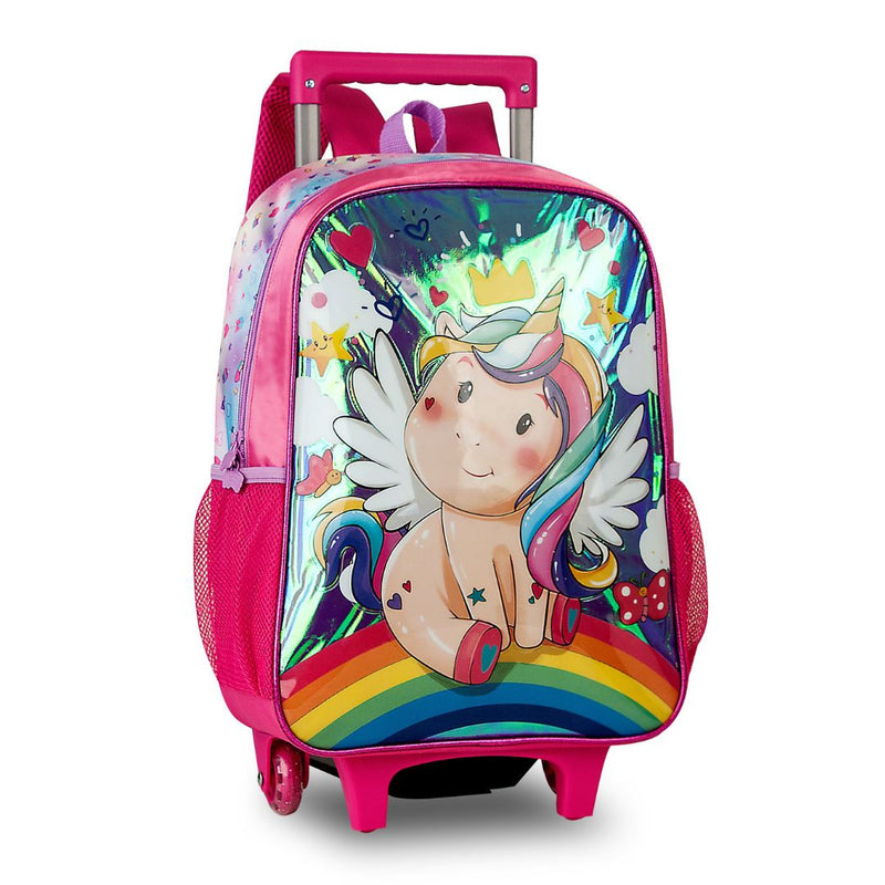 Kit Mochila de Carrinho Mala Bolsa Unicórnio Lancheira Térmica Duas Alças Estojo Duplo Rosa Feminino Infantil Clio