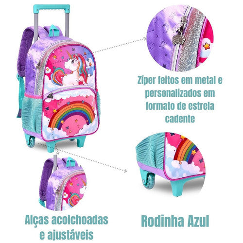 Kit Mochila de Carrinho Unicórnio Bolsa Lancheira Térmica Escolar Feminino Seanite