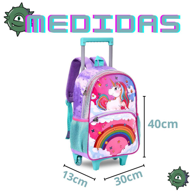 Kit Mochila de Carrinho Unicórnio Bolsa Lancheira Térmica Escolar Feminino Seanite