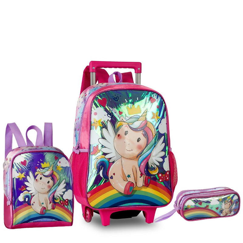 Kit Mochila de Carrinho Mala Bolsa Unicórnio Lancheira Térmica Duas Alças Estojo Duplo Rosa Feminino Infantil Clio