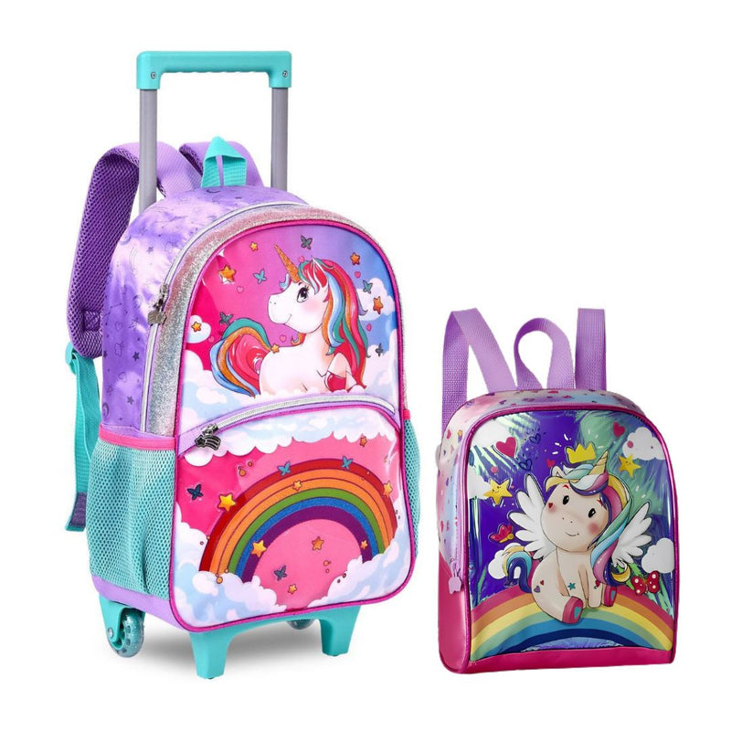 Kit Mochila de Carrinho Unicórnio Bolsa Lancheira Térmica Escolar Feminino Seanite