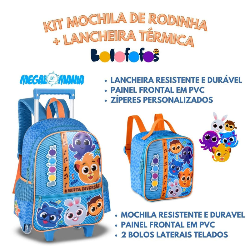 Kit Mochila de Carrinho Bolofofos Azul Lancheira Térmica Duas Alças Lanchinho Infantil Escolar Clio