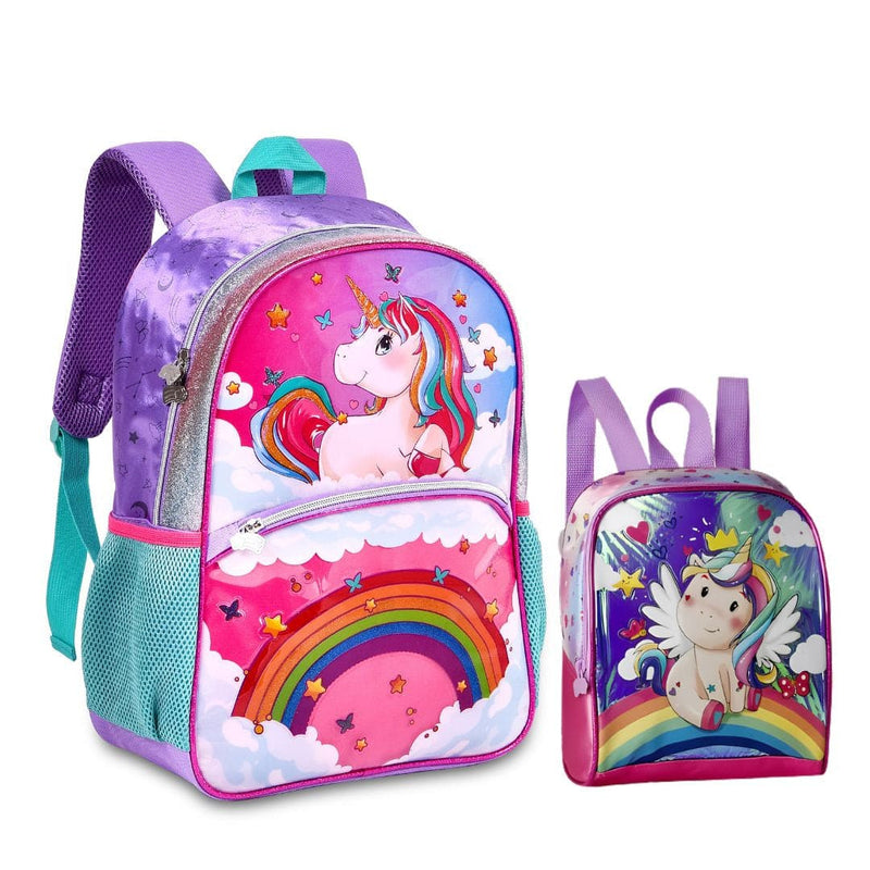 Kit Mochila de Costas de Unicórnio Mala Bolsa Lancheira Térmica Duas Alças Rosa Feminino Infantil Escolar Clio