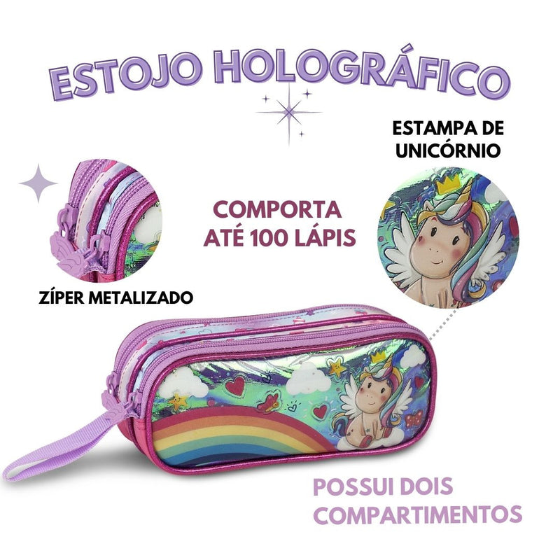 Estojo Duplo de Unicórnio Holográfico Escolar Infantil Material Menina Rosa - Clio