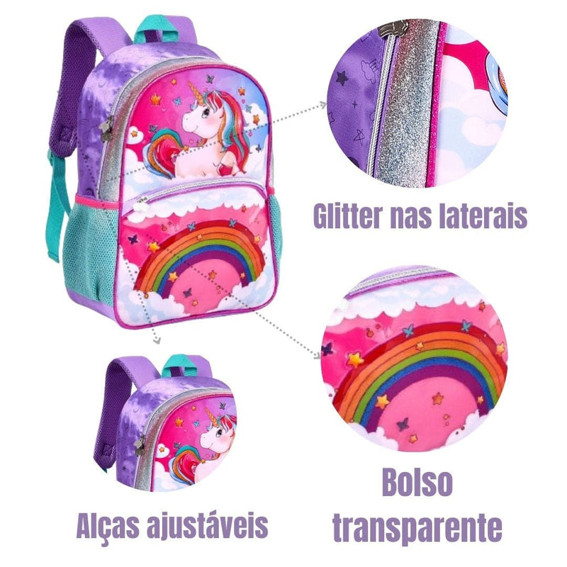 Kit Mochila de Costas de Unicórnio Mala Bolsa Lancheira Térmica Duas Alças Rosa Feminino Infantil Escolar Clio