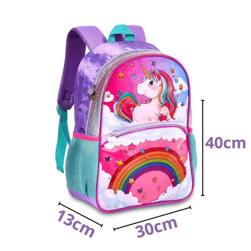 Kit Mochila de Costas de Unicórnio Mala Bolsa Lancheira Térmica Duas Alças Rosa Feminino Infantil Escolar Clio