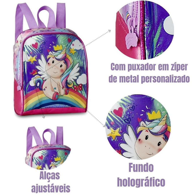 Kit Mochila de Costas de Unicórnio Mala Bolsa Lancheira Térmica Duas Alças Rosa Feminino Infantil Escolar Clio