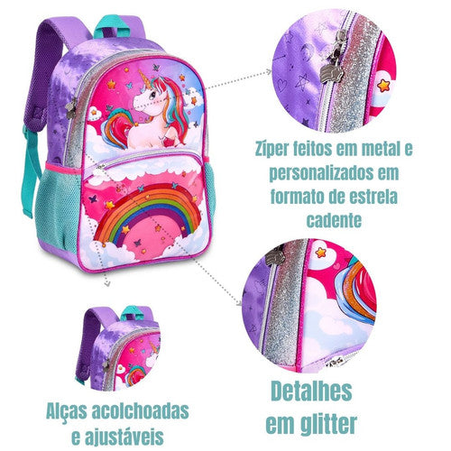 Mochila de Costas Mala Bolsa Unicórnio Feminino Escolar Infantil Clio