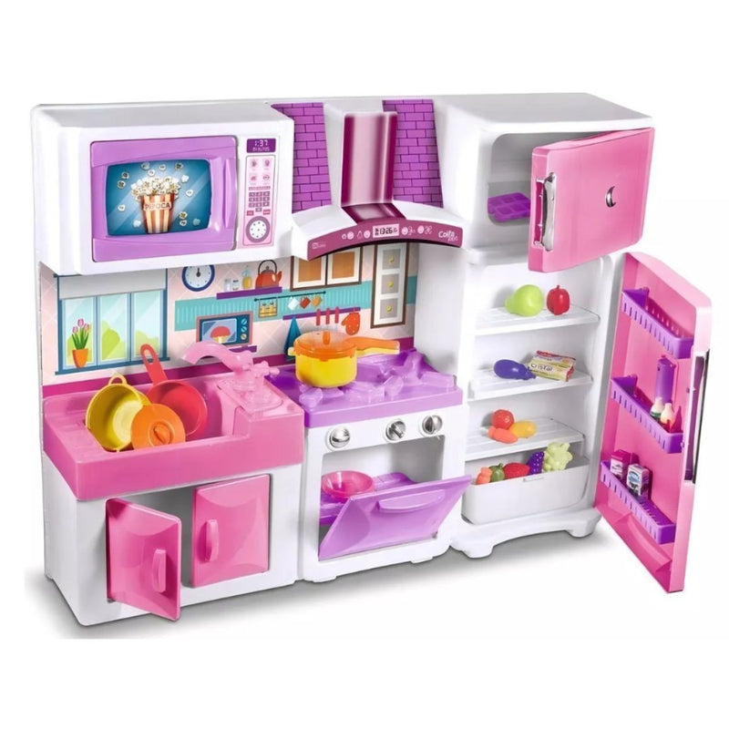 Brinquedo Kit Cozinha Completa Infantil Coleção Max Collection Premium Meninas Fashion Com Fogão Geladeira Microondas Torneira Sai Àgua Lua de Cristal