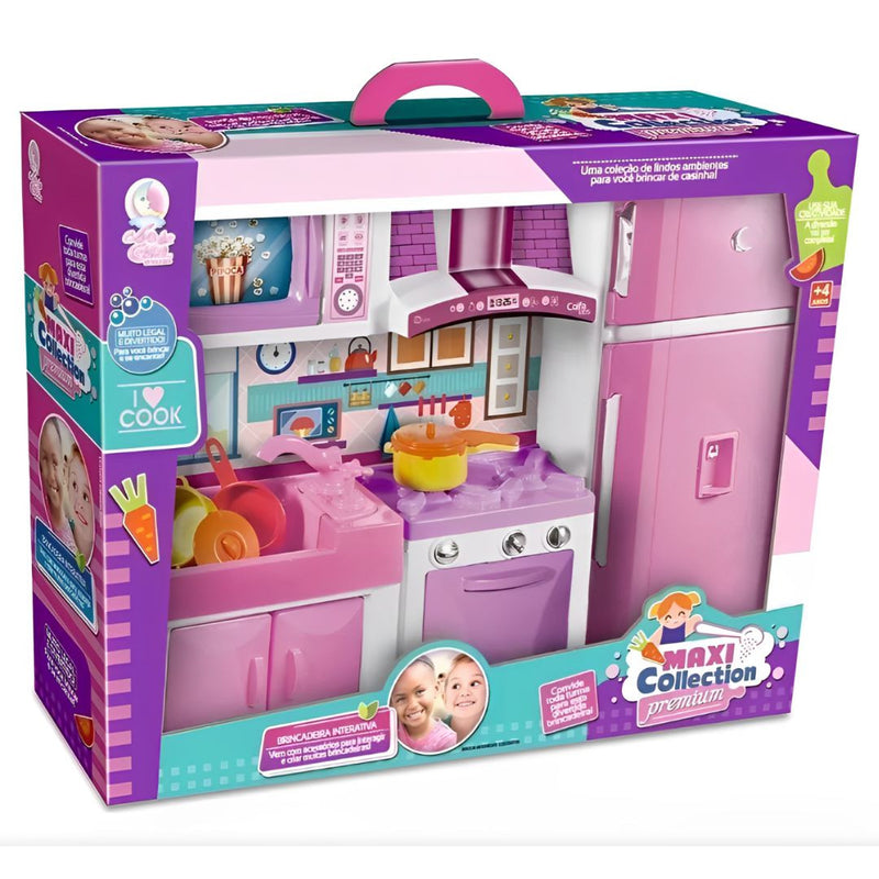 Brinquedo Kit Cozinha Completa Infantil Coleção Max Collection Premium Meninas Fashion Com Fogão Geladeira Microondas Torneira Sai Àgua Lua de Cristal