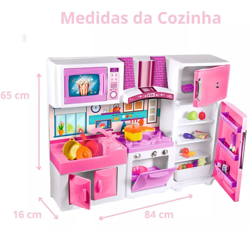 Brinquedo Kit Cozinha Completa Infantil Coleção Max Collection Premium Meninas Fashion Com Fogão Geladeira Microondas Torneira Sai Àgua Lua de Cristal