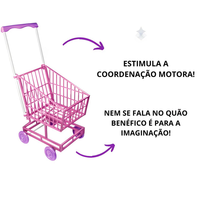 Brinquedo Carrinho de Supermercado Cor Rosa Brincadeira Faz de Conta Compras Infantil Meninas Fashion Lua de Cristal