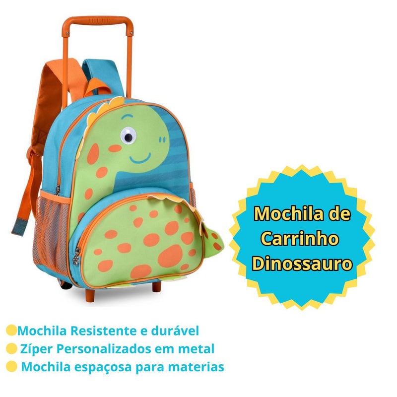 Mochila de Carrinho Mala Bolsa Dinossauro Verde Azul Infantil Masculino Clio