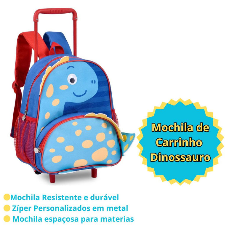 Mochila de Carrinho Mala Bolsa Dinossauro Verde Azul Infantil Masculino Clio