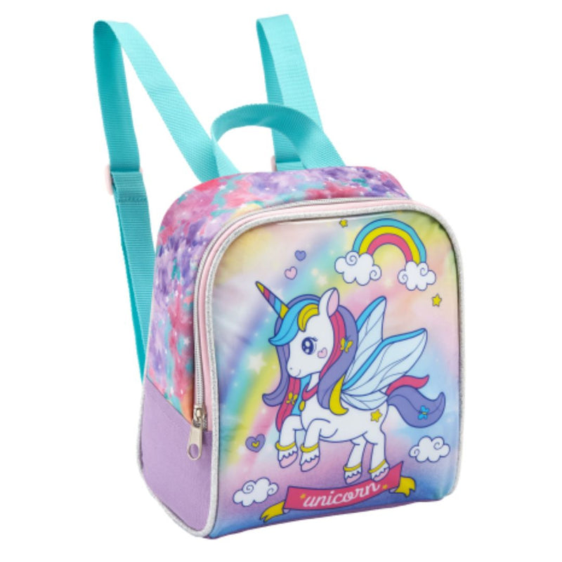 Kit Mochila de Carrinho Unicórnio com Asas Infantil Lancheira Térmica Feminino Escolar Rainbow Seanite