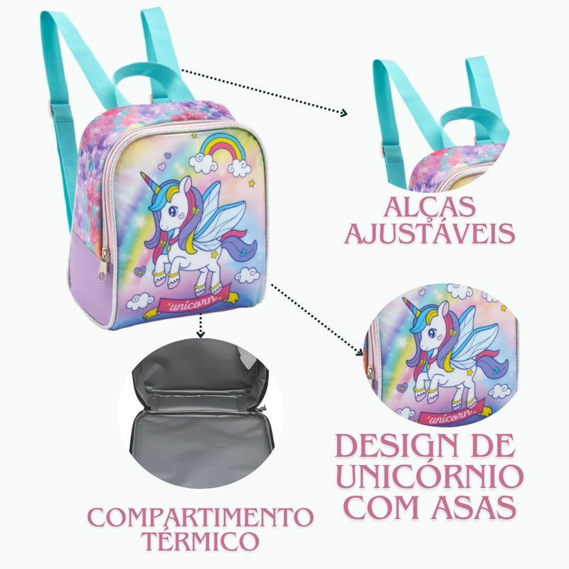 Kit Lancheira Bolsa Térmica Unicórnio com Asas Infantil Estojo Simples Escolar Rainbow Feminino Seanite