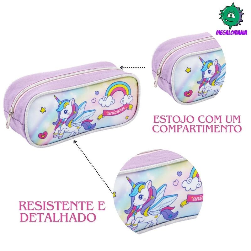 Kit Mochila de Carrinho Unicórnio com Asas Infantil Lancheira Térmica Estojo Simples Escolar Feminino Rainbow Seanite