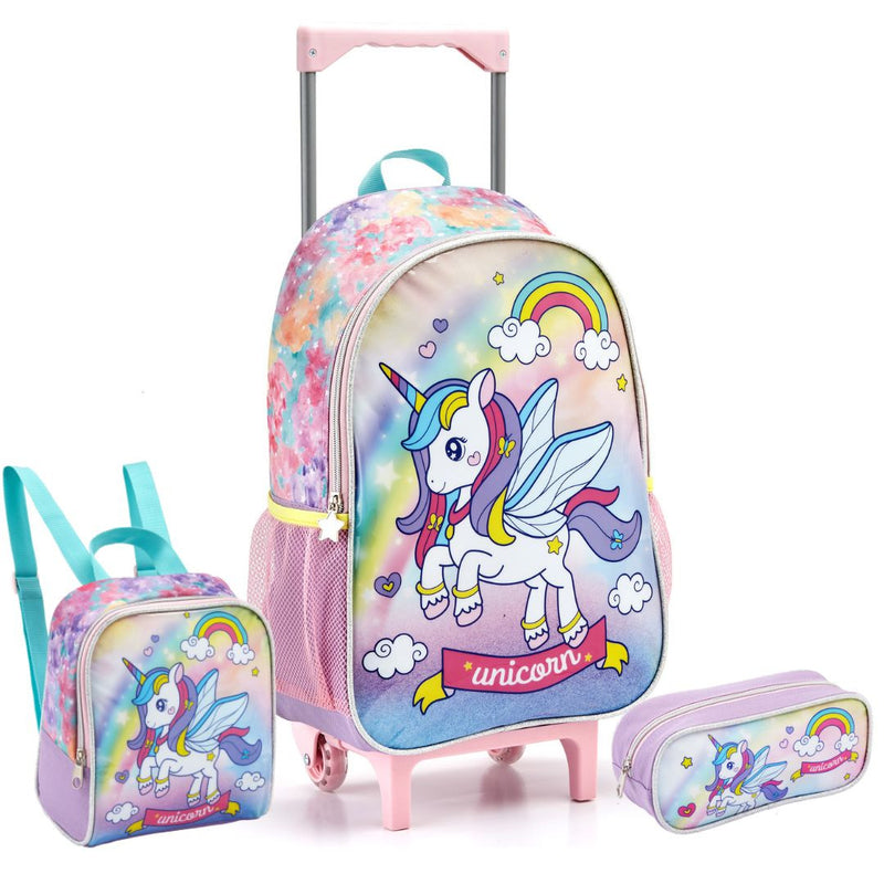 Kit Mochila de Carrinho Unicórnio com Asas Infantil Lancheira Térmica Estojo Simples Escolar Feminino Rainbow Seanite