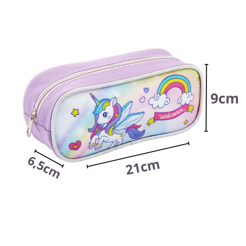 Kit Mochila de Carrinho Unicórnio com Asas Infantil Estojo Simples Escolar Feminino Rainbow Seanite