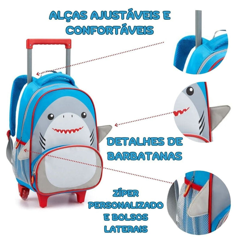 Kit Mochila de Costas de Carrinho Tubarão Lancheira Térmica Escolar Masculino Seanite