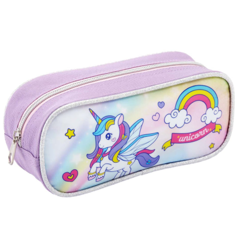 Kit Mochila de Carrinho Unicórnio com Asas Infantil Estojo Simples Escolar Feminino Rainbow Seanite