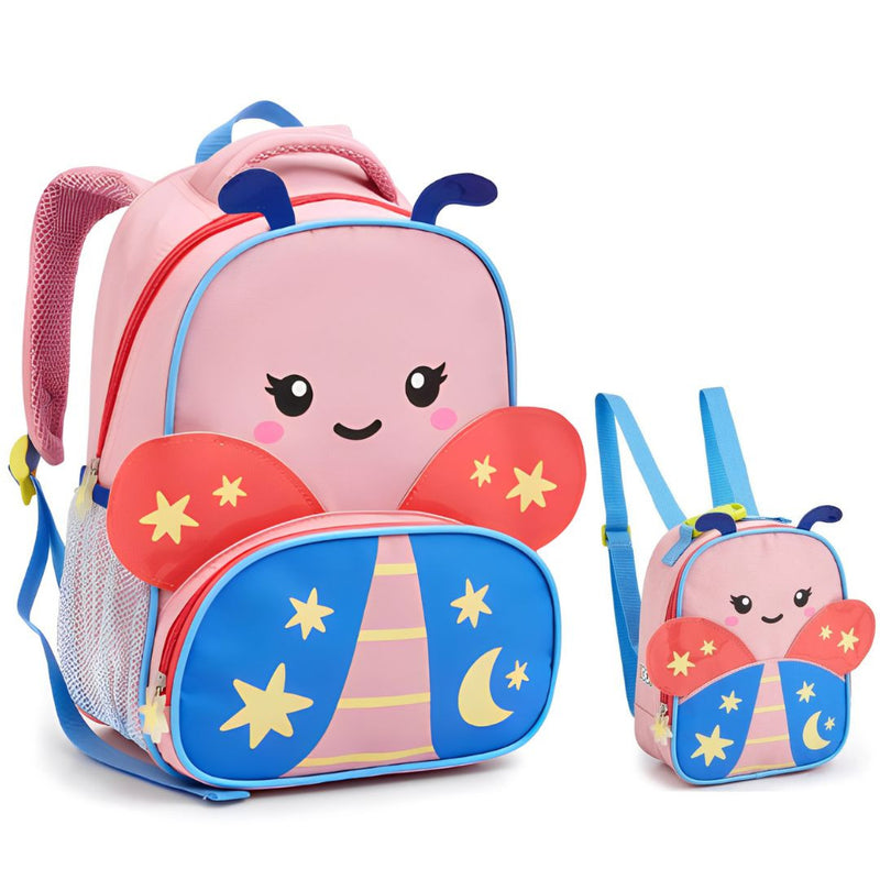 Kit Mochila de Carrinho de Costas Borboleta Infantil Lancheira Térmica Escolar Feminino Seanite